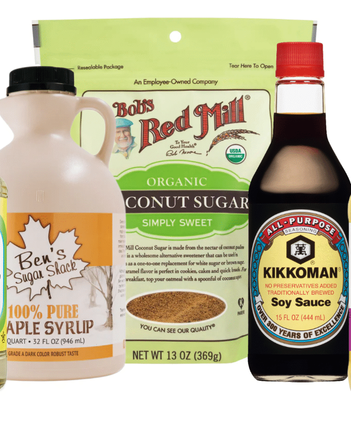 Rice vinegar, maple syrup, coconut palm sugar, soy sauce, and mirin