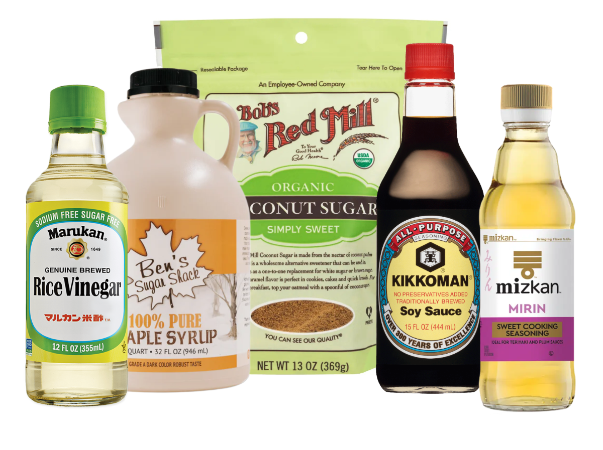 Rice vinegar, maple syrup, coconut palm sugar, soy sauce, and mirin