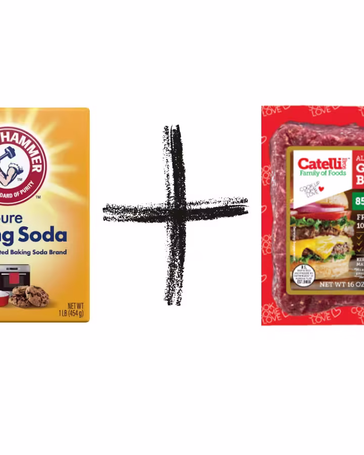Baking soda beside a one-pound package of ground beef