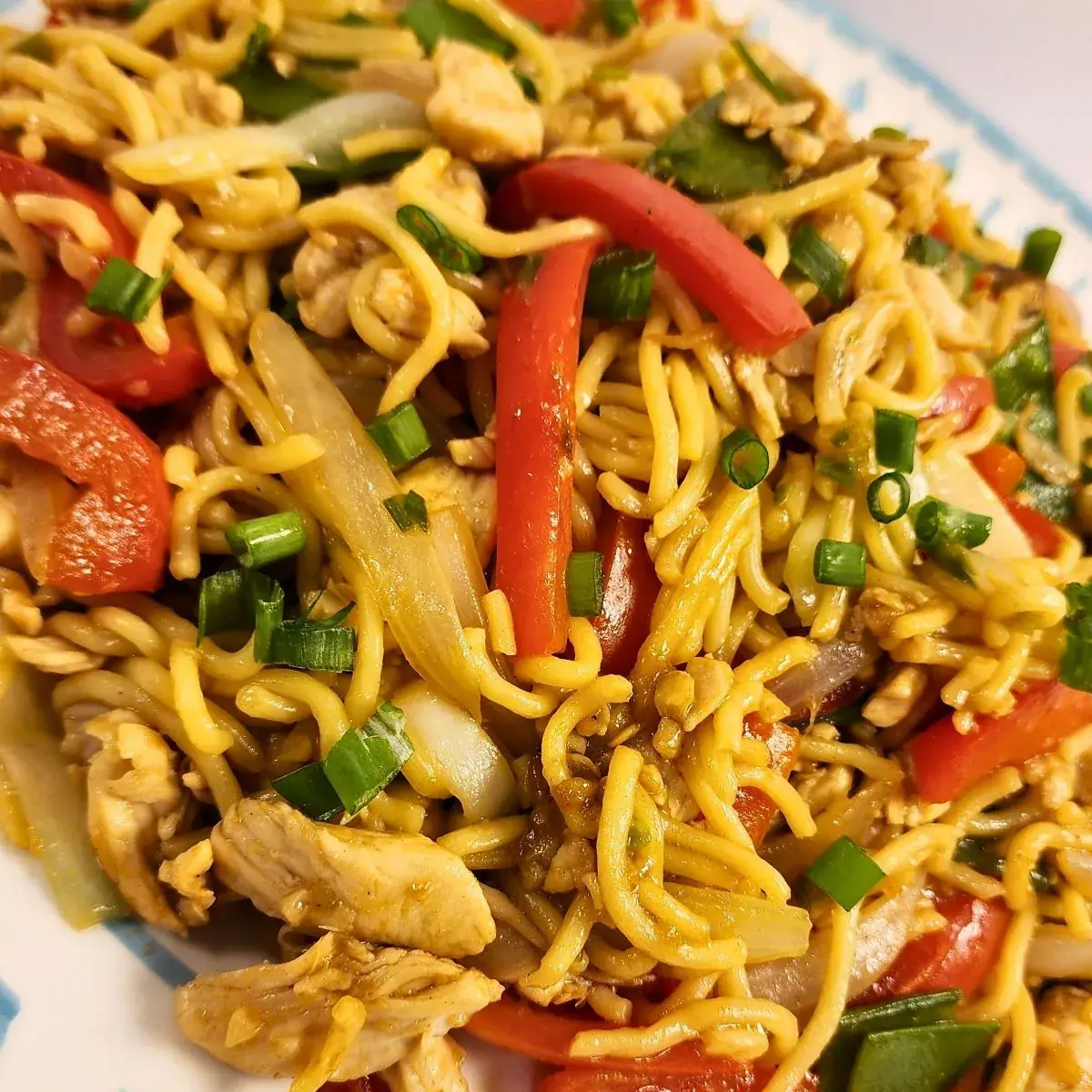 Chicken lo mein with sliced chicken, noodles, red bell pepper, bok choy, and green onion